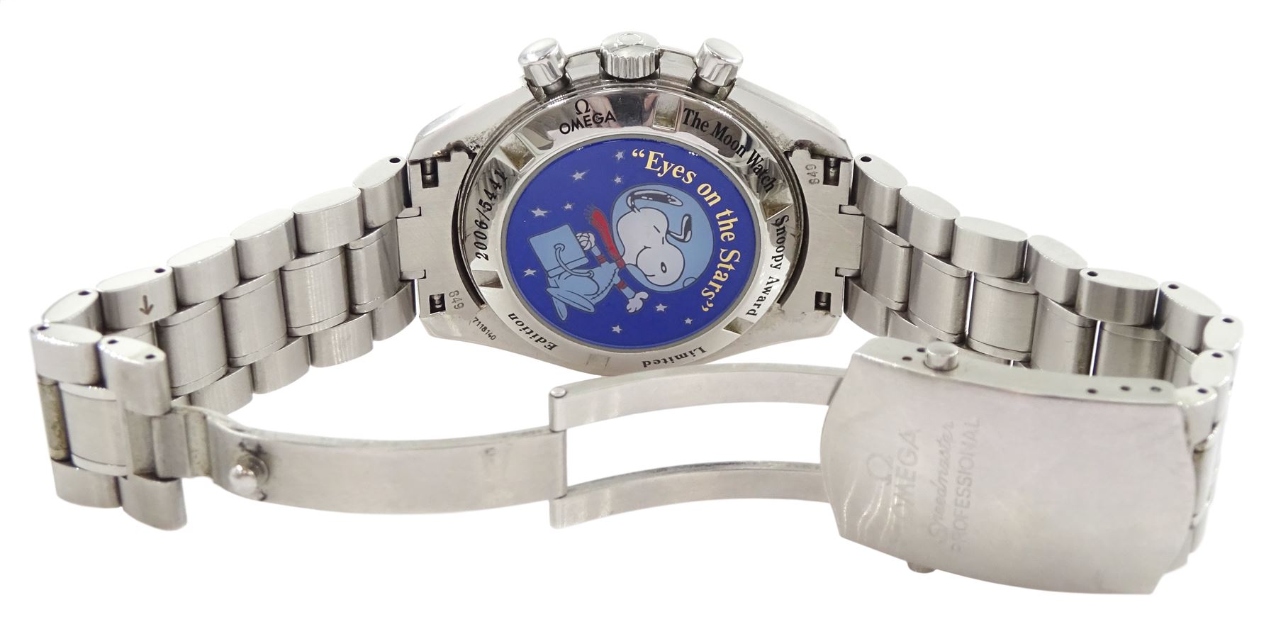 Omega Speedmaster Professional “Eyes on the Stars” Silver Snoopy Award stainless steel limited edition manual wind wristwatch, Ref. 3578.51.00, Cal. 1861, serial No. 77118140, on original stainless steel bracelet, with fold-over clasp, boxed with papers, warranty card dated 2003 and additional bracelet link