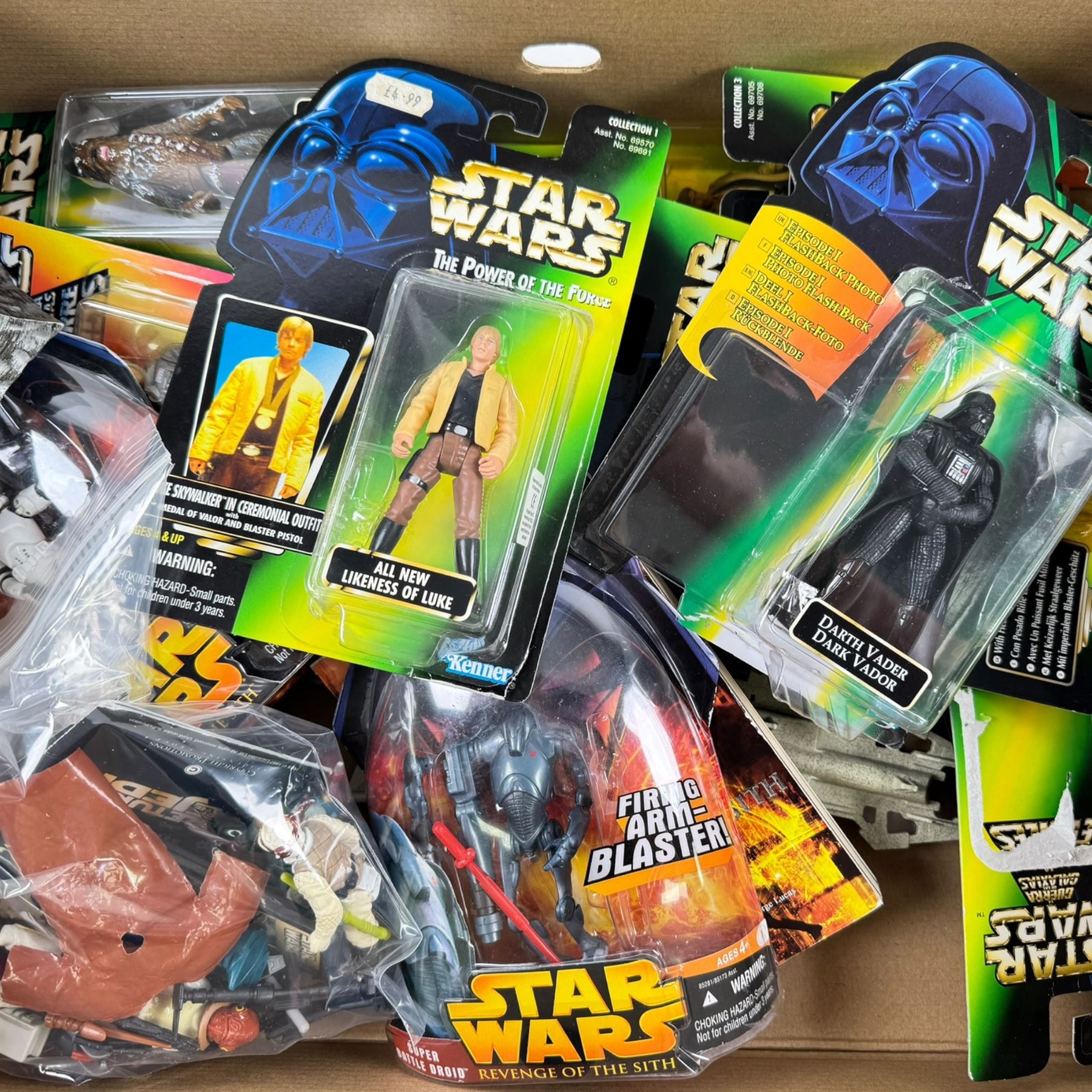 Star Wars figures and collectables, including Star Wars Monopoly, Revenge of the Sith figures and Power of the Force figures, keyring, book, etc