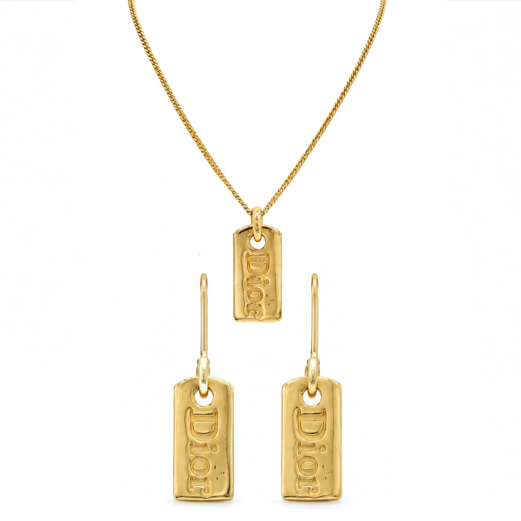 Dior gilt Tag pendant necklace, with pair of matching pendant earrings