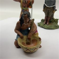 Five Elastolin American Indian figures, together with an Elastolin campfire and a cowboy tied to a tree, tallest H11cm