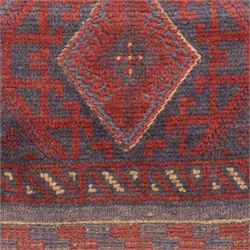 Afghan hand-knotted wool runner, dark red and indigo blue madder, with a repeating central diamond medallion design within multiple geometric borders, with flatweave ends 