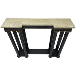 Italian design ebonised reverse-breakfront console table, painted simulated marble top over ebonised pilasters with gilt piping, platform base on compressed bun feet