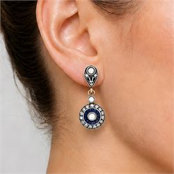 Pair of rose gold and silver diamond and sapphire pendant earrings, each stud set with a round brilliant cut diamond, surrounded by calibre cut sapphires and diamonds, suspending from a single diamond and pierced design diamond tops, total diamond weight approx 0.70 carat, total sapphire weight approx 0.50 carat