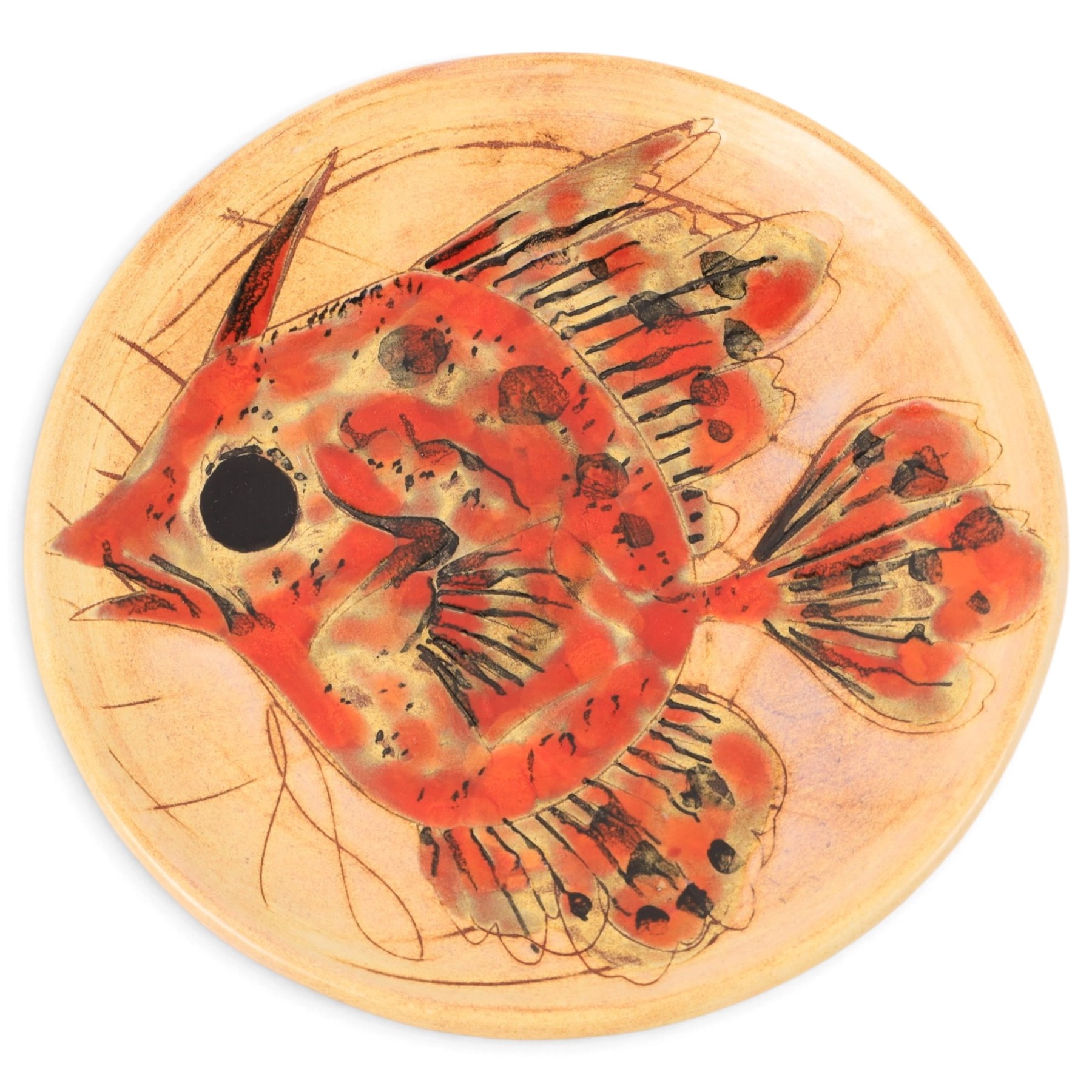 Monique Brunner - earthenware plates, decorated with fish and shellfish, upon a pink and cream ground, signed Vallauris beneath, six D20cm, one D24cm  