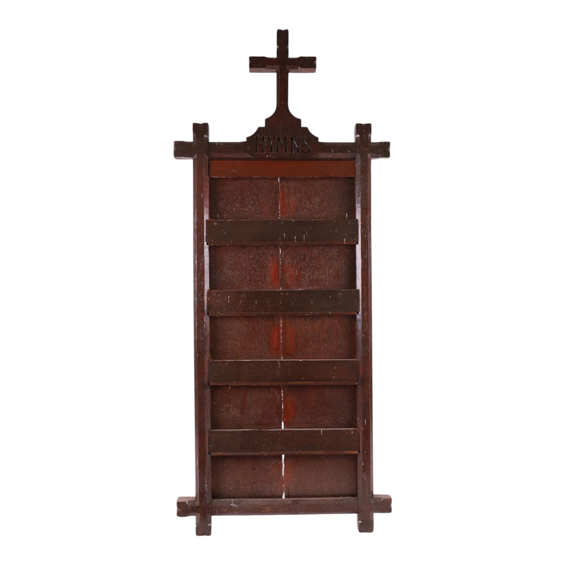 19th Century oak hymn board surmounted by carved cross pediment, H105cm