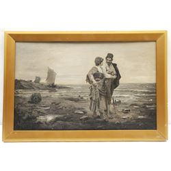 English School (19th century): Fishergirl and Courtier in a Coastal Landscape, oil on canvas en grisaille unsigned 30cm x 47cm