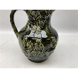 Three jardinières comprising West German Gerz example decorated in relief, Doulton Slaters example with frilled everted rim and a majolica example, and a further two Arthur Wood majolica jugs (5)