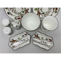 Nine pieces of Coalport and Crown Staffordshire Hunting Scene porcelain including three-piece condiment set, pair of pin dishes, bowl, vase etc