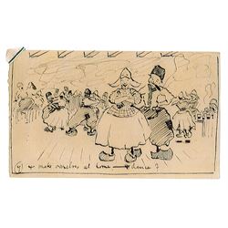 Frank Henry Mason (Staithes Group 1875-1965): Kermis Time at the Hotel Spaander Volendam - seven comical caricature sketches, pen and ink each titled and numbered 1 - 7 on five pieces of paper each 10cm x 17cm (unframed) Provenance: from the estate of Christine Dexter and by descent from the artist's sister Eleanor Marie (Nellie)