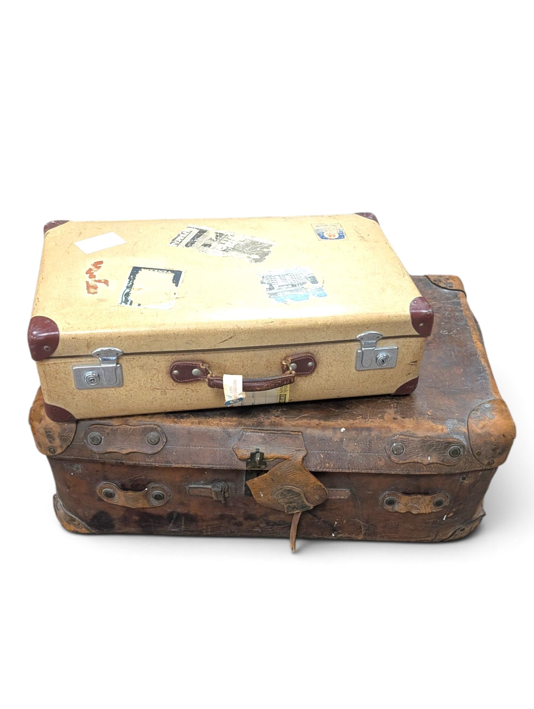 Large leather travelling trunk, together with a vintage suitcase