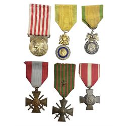 Six French medals - 2nd Empire Louis-Naploeon Medaille Militaire Valeur Et Discipline; 1870 3rd Republic Medaille Militaire Valeur Et Discipline; WW1 Croix-De-Guerre with MID star; WW2 Theatres D'Operations Exterieurs Croix-De-Guerre; WW1 Commemorative Medal; and Croix De La Valeur Militaire; all with ribbons (6)