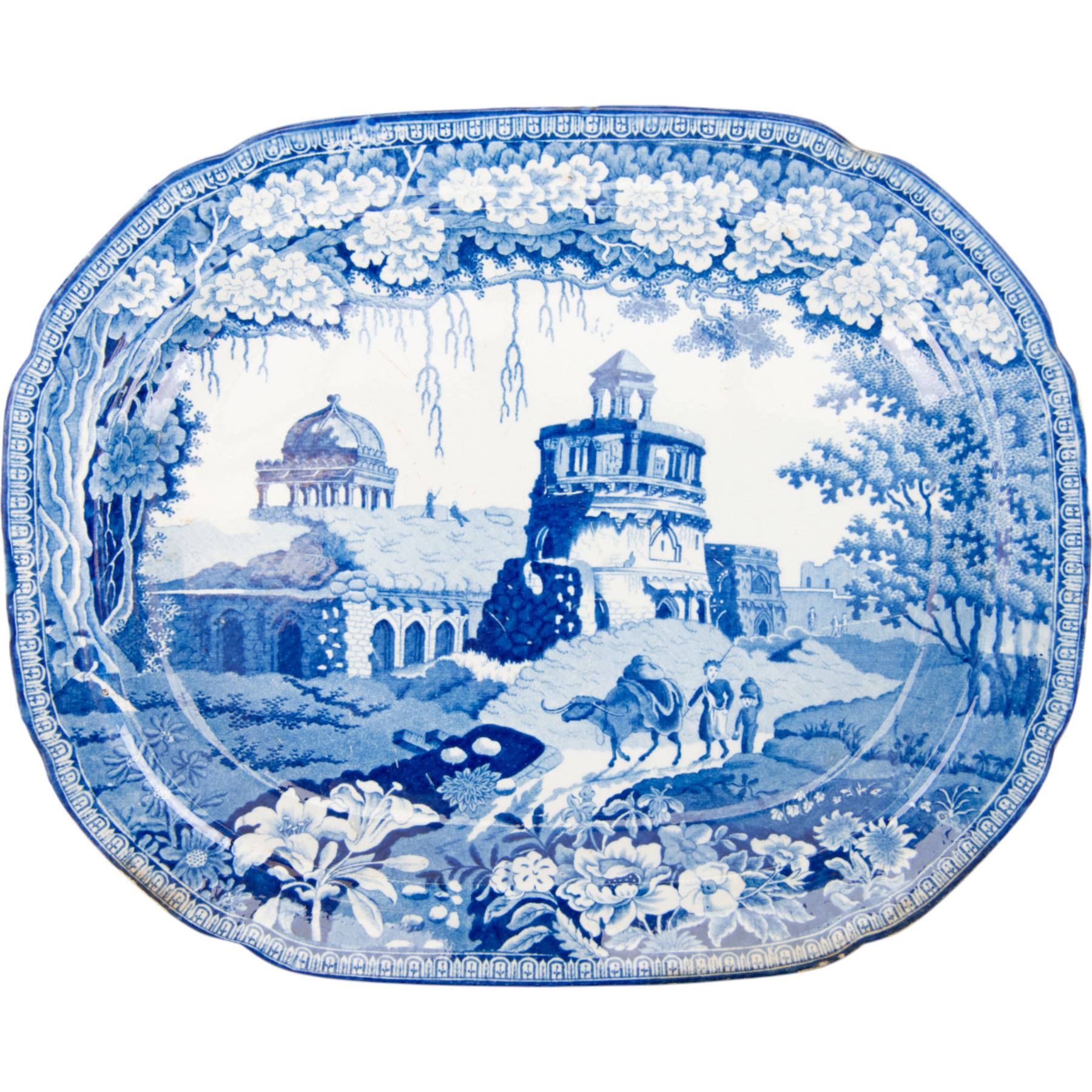 Three 19th century John Rogers & Son blue and white transfer printed Monopteros pattern meat platters, two impressed 14 and a smaller example impressed 12 verso, largest W37cm