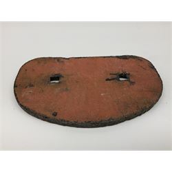 Three cast iron railway wagon plates of D shaped form to include Southern Railway, LMS and GWR, L27.5cm
