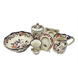 Masons Ironstone in the Mandalay pattern stepped dish, vase, jug , covered jar and two picture frames 