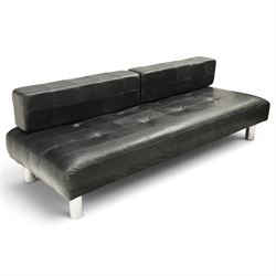 De Sede - 1970s 'DS 80' black leather modular settee or daybed, low upholstered bacl with loose rectangular back cushions over padded seat, raised on tubular chrome supports