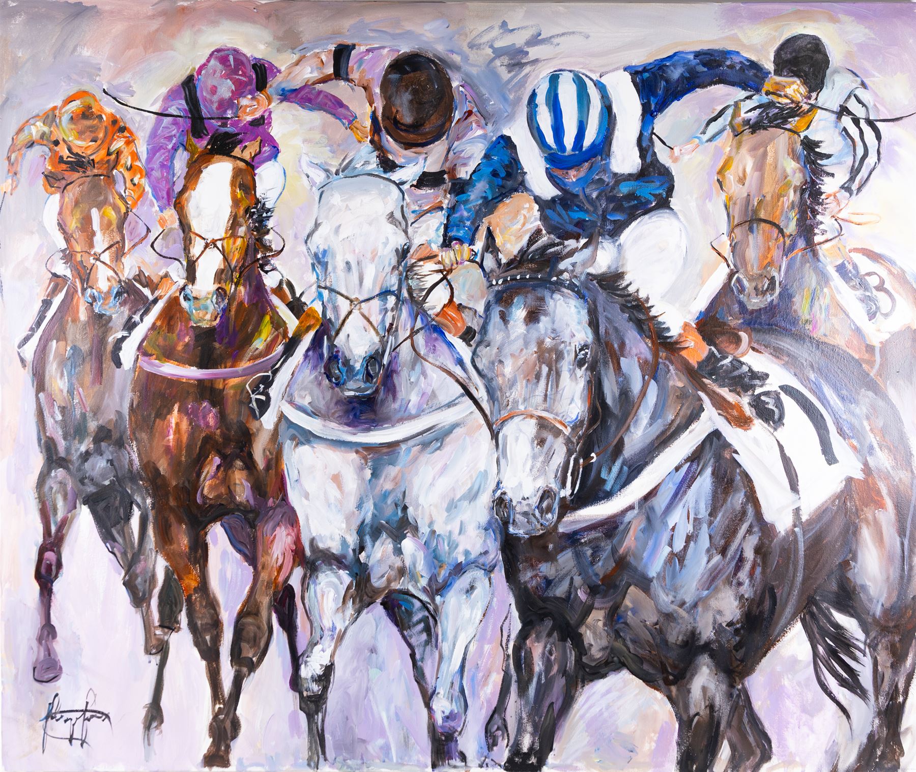 Jacquie Jones (British Contemporary 1961-): 'XL Racing Study', oil on canvas signed 100cm x 120cm 