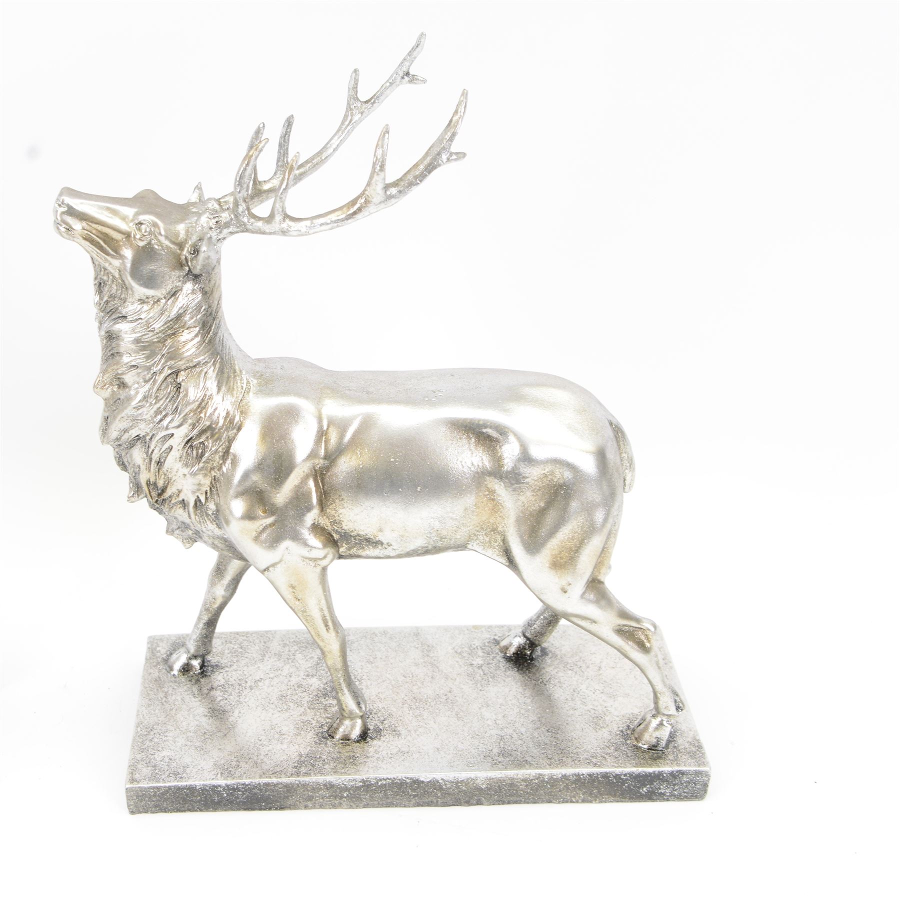 Pair of composite silvered stags, on rectangular base H37cm