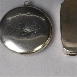 Edwardian silver compact, of circular form with mirror to interior, engraved with name to cover and underside, hallmarked S Blanckensee & Son Ltd, Birmingham 1910, together with a plain continental silver snuff box, stamped 800, box W8cm