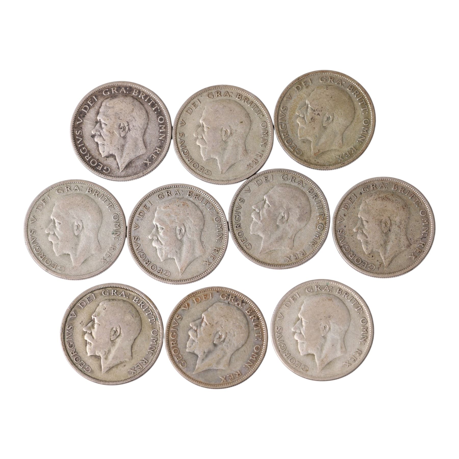 Ten Great British pre-1947 silver half crown coins, including one 1930