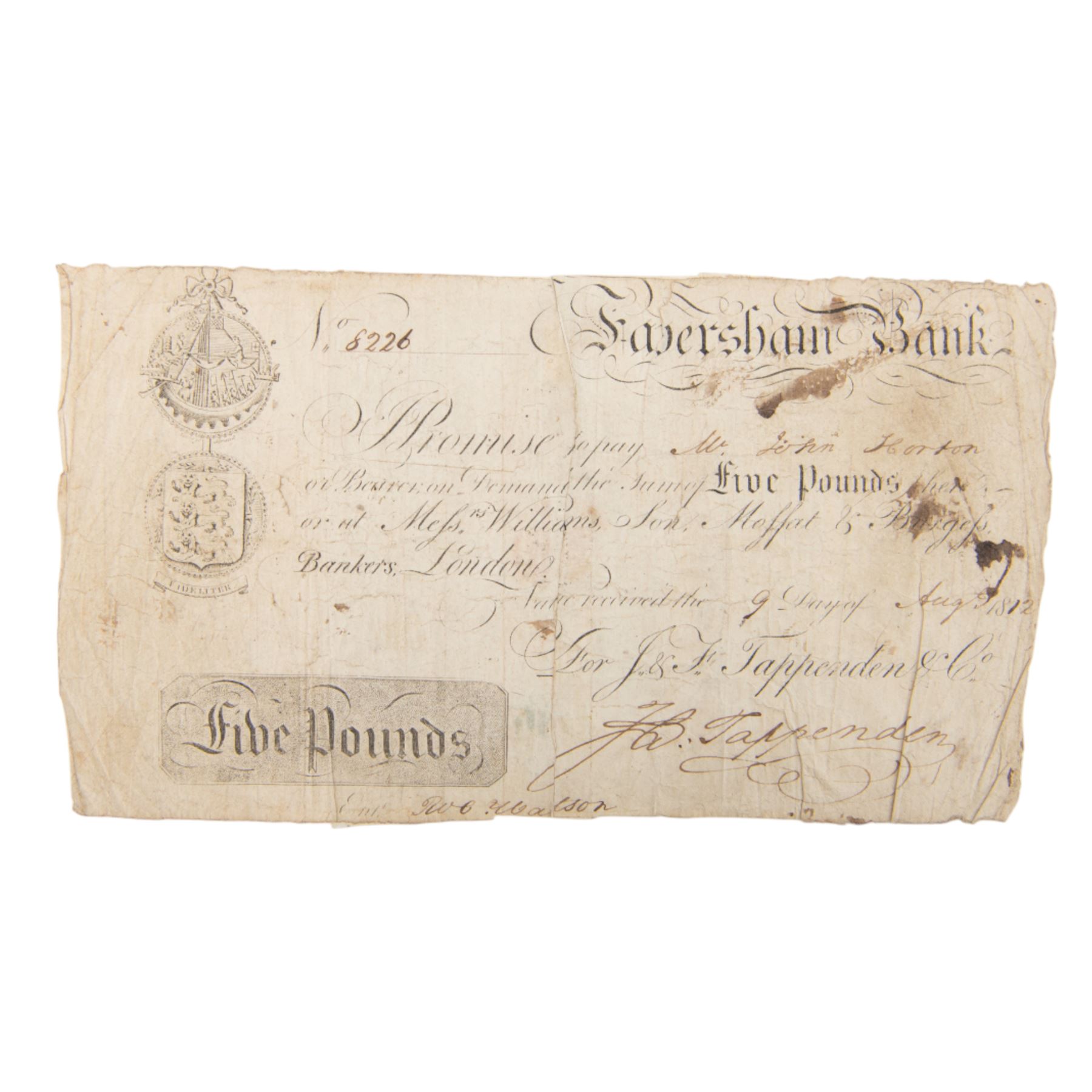 Faversham Bank for J. & F. Tappenden & Co five pound note, August 1812