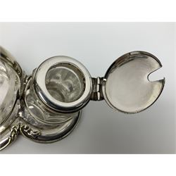 Sheffield silver-plated cruet set, comprising mustard pot, open glass salt and pepper pot on stand, together with a collection of silver plated spoons