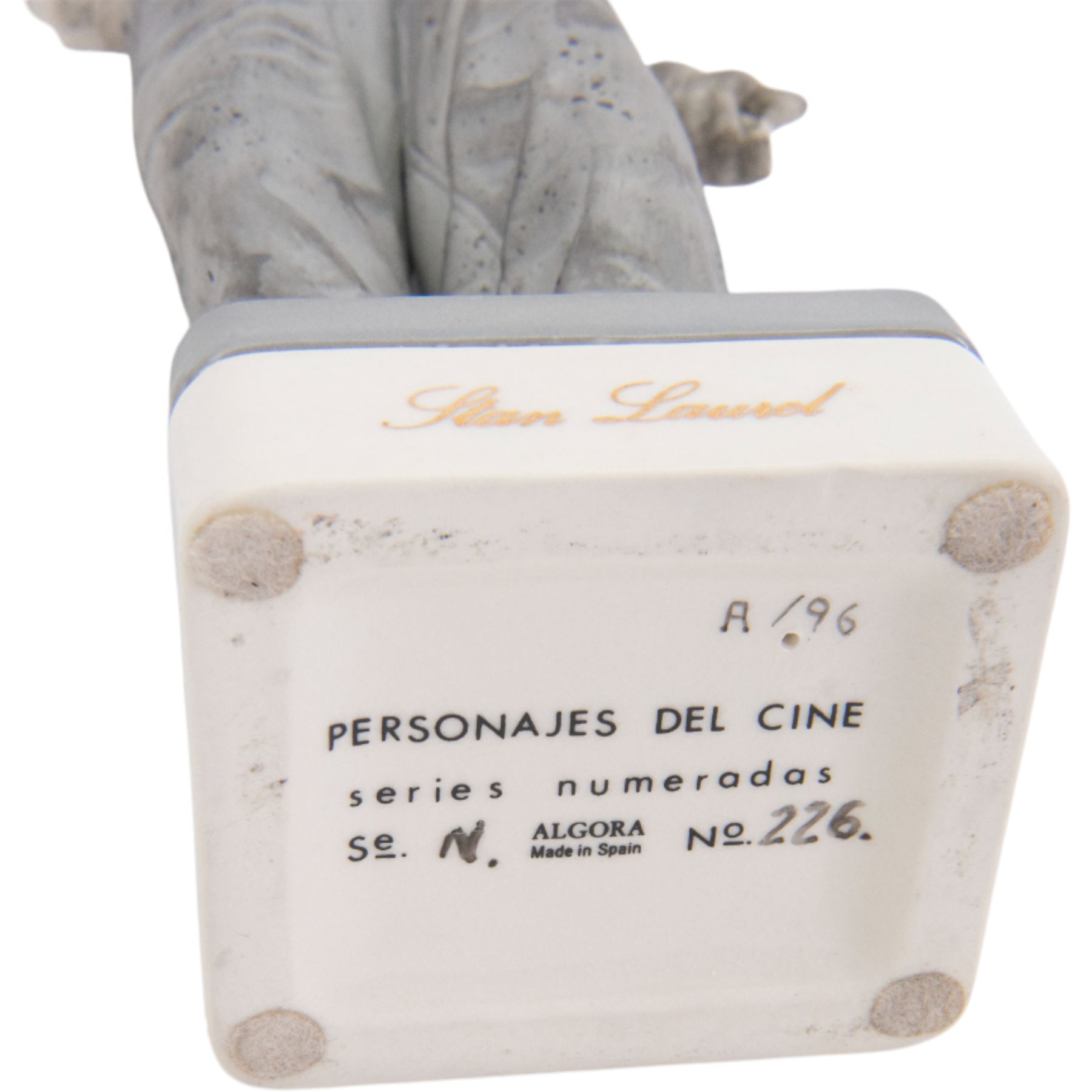 Pair of Spanish Algora Personajes Del Cine figures, modelled as Stan Laurel and Oliver Hardy, with printed marks beneath, both with certificates of authenticity, H37cm