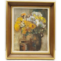 Pia Hesselmark-Campbell (Swedish 1910-2013): Flowers in a Jug, oil on canvas signed 40cm x 33cm