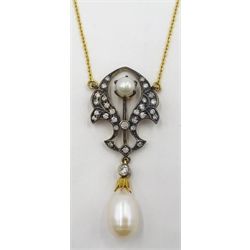  Pearl and diamond pendant on 9ct gold necklace stamped 375  