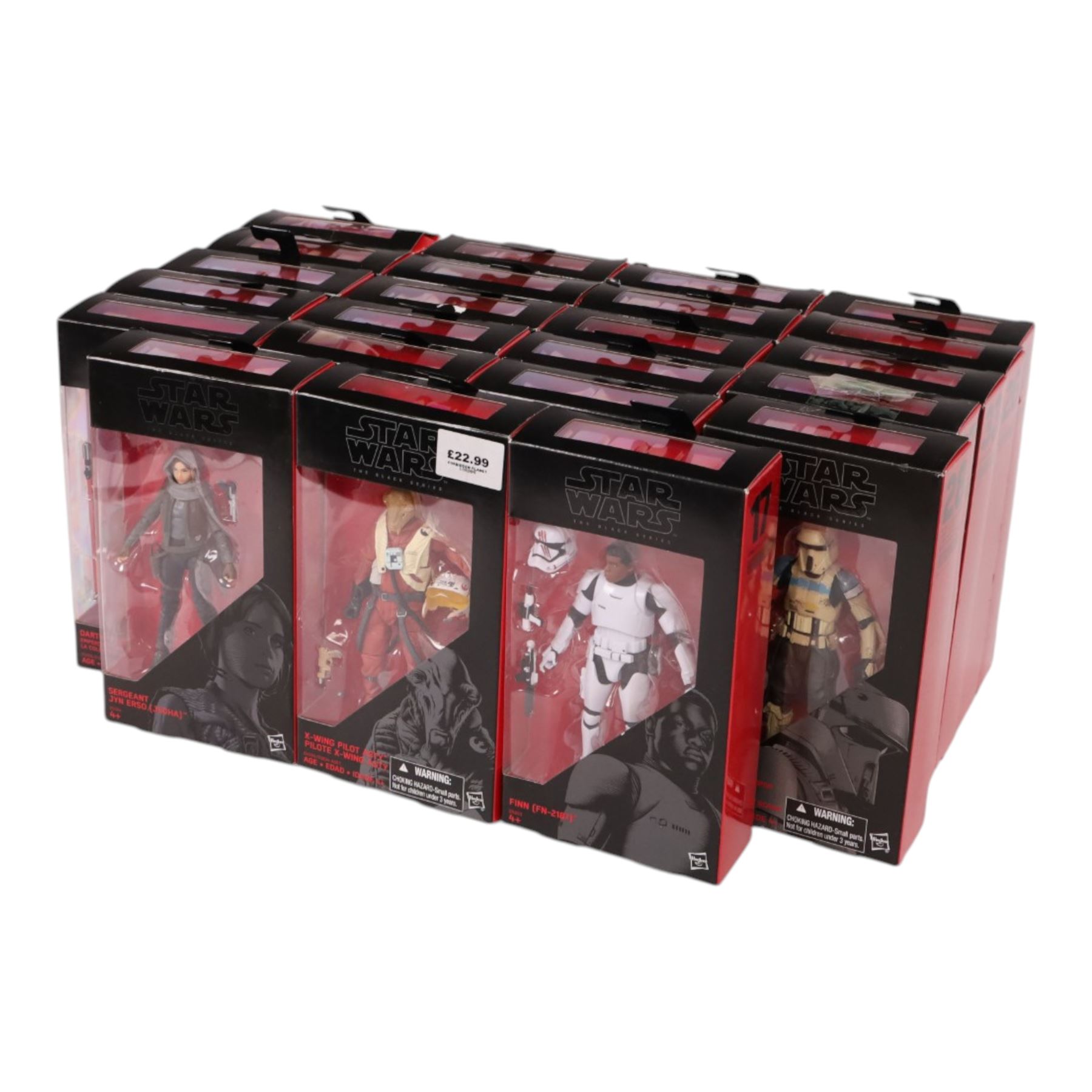 Twenty three Star Wars Black Series Red Wave action figures, comprising Han Solo, Snowtrooper, Imperial Shock Trooper, Tie Fighter Pilot, Chewbacca, Director Krennic, Sabine Wren, Sergeant Gyn Erso, Snowtrooper (Battlofront), Scarif Stormtrooper Squad Leader, Flametrooper, Kylo Ren, Constable Zuvio, Poe Dameron, Guavian Enforcer, X Wing Pilot Asty, Finn, Darth Vader, Stormtrooper, C-3P0, Captain Phasma and Jango Fett,  all boxed