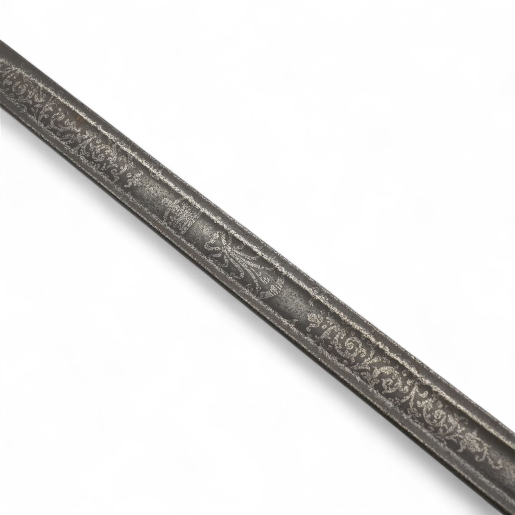 Victorian Rifle Volunteers officers sword with engraved blade, pierced hilt and wire wound grip with steel scabbard, blade length 82cm