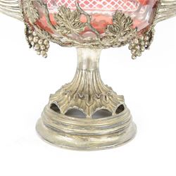 19th century silver plated and ruby glass wine cooler, of urn form, the cut ruby glass bowl with silver plated fruiting vine mount and twin vine handles, upon a spreading frilled stem and circular stepped foot, H33cm