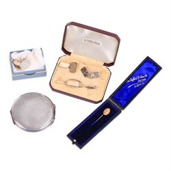 Mid 20th century silver powder compact, of circular form with engine turned decoration and...