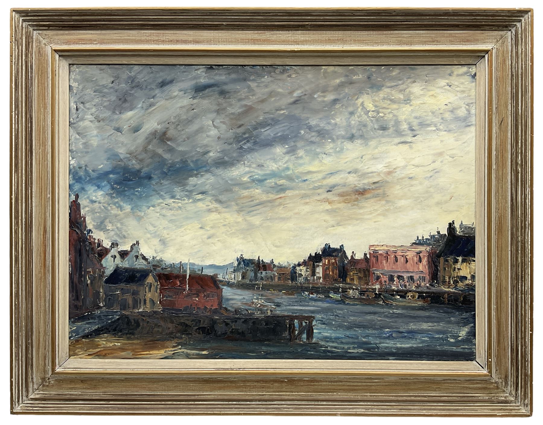 Richard Dimock (British 20th century): 'Whitby Harbour', oil on board, signed titled and dated 1967 verso 54cm x 75cm
