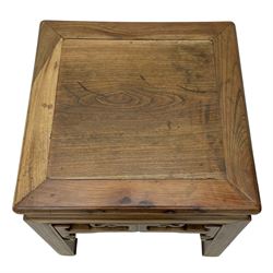 Early 19th century Chinese Qing dynasty jichimu wood stool or side table, Shanxi province, panelled square top, shaped upper rail carved with scrolls, on square supports with hoof feet 