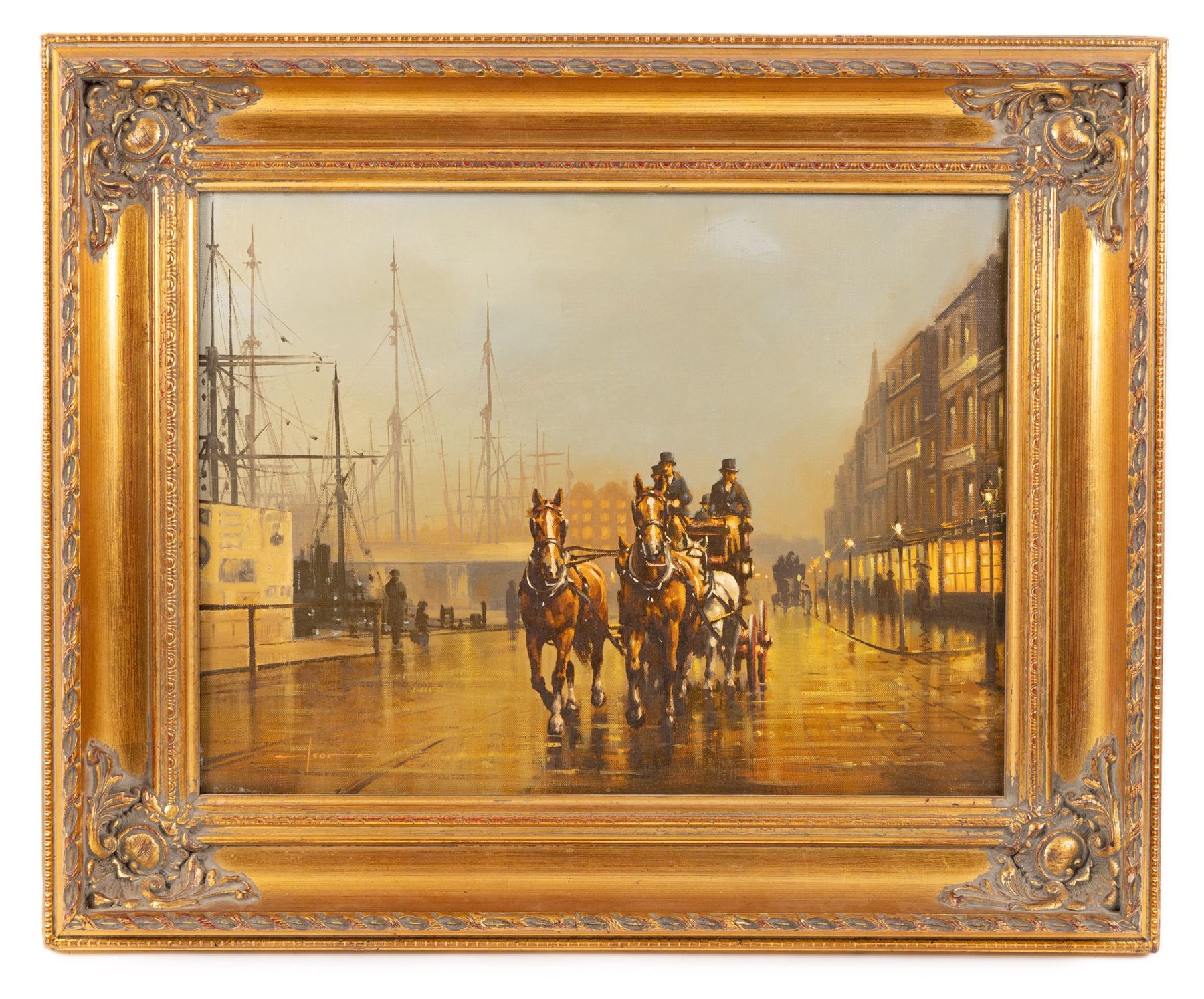 Gerald Isom (British 1945-): Horse and Carriage on the Dockside at Eventide, oil on canvas signed 30cm x 40cm
Provenance: purchased David Duggleby Ltd 16th September 2022, Lot 142
