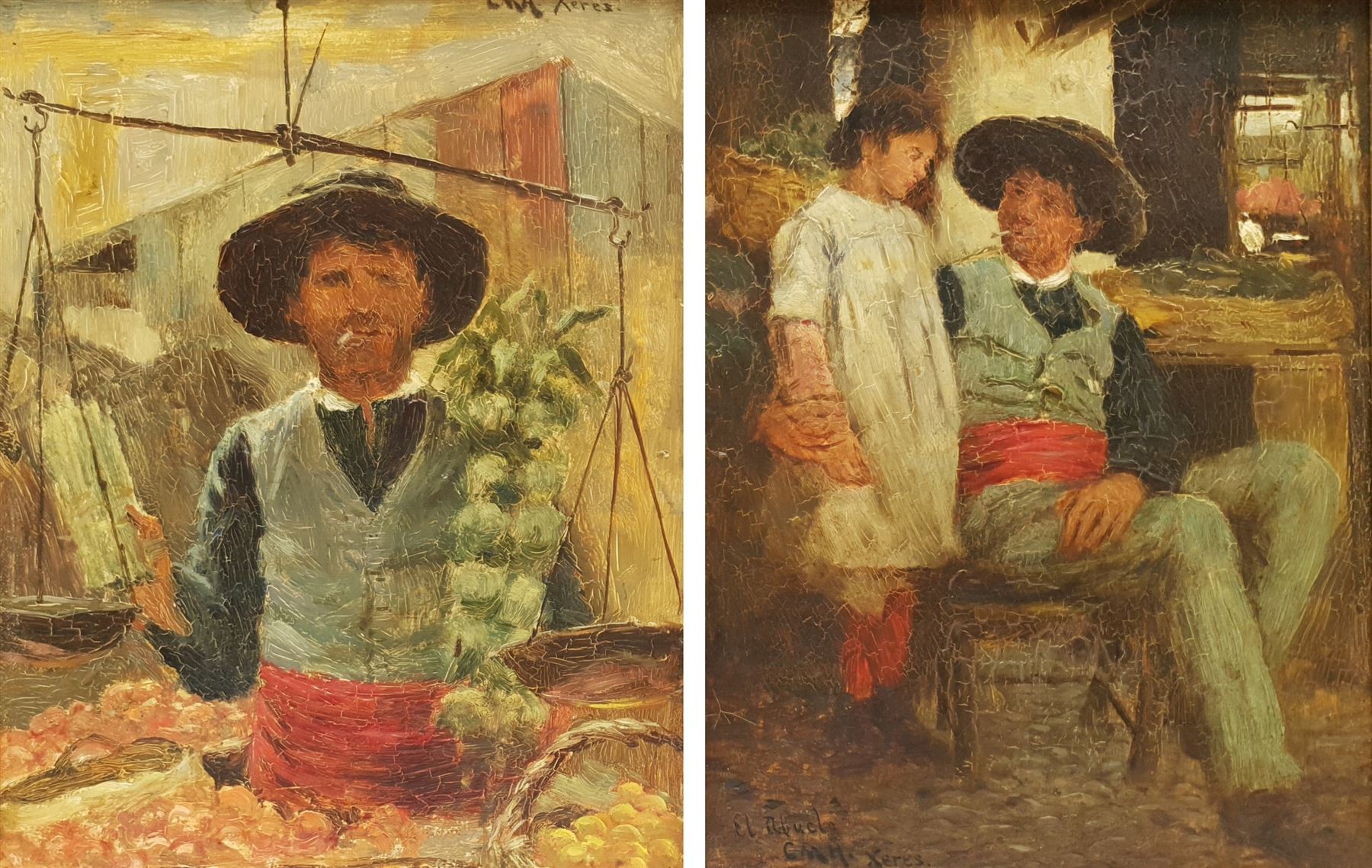 Charles Martin Hardie (Scottish 1858-1916): 'El Abuelo' and The Fruit Seller, pair oils on board signed with initials and inscribed Xeres, one titled 26cm x 20cm (2)