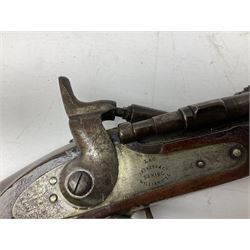 19th century London Arms Company .577 Snider action gun for wall display, retailed by Kerr,  the 94cm barrel with five visible holes drilled through at muzzle end, varnished full walnut stock with three barrel bands and brass fittings, L140cm
