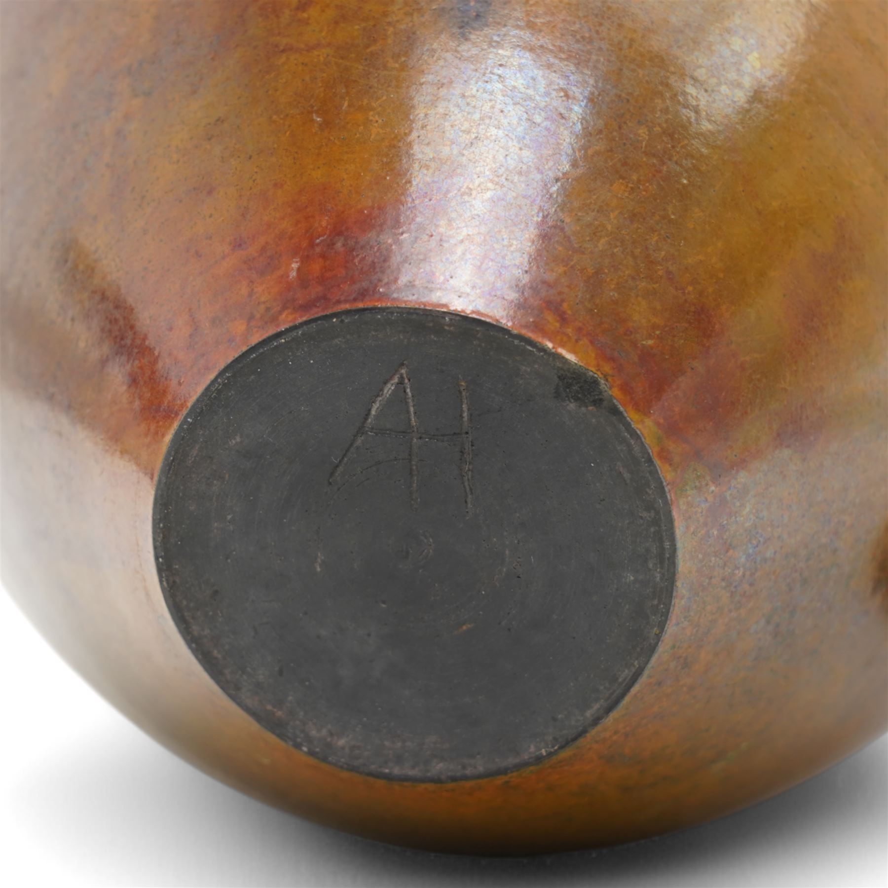 Andrew Hill (British 1964-); studio pottery raku stoneware vase of ovoid form, in shades of green and orange, with flared rim, incised AH mark to base, H23cm 