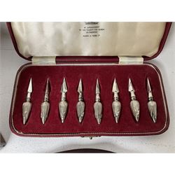 Set of eight Mappin & Webb silver plated corn picks, in fitted case, together with an oak mother of pearl and abalone shell inlaid sewing box, engraved with name and a mahogany tray with marquetry shell decoration 