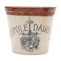 Port Dundas, Glasgow stoneware butter crock inscribed 'Danish Dairy Co.' with loop handle and dipped brown top and another 'Maypole Dairy Co. Ltd.' each H12.5cm (2)