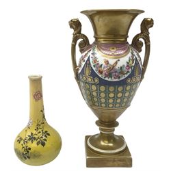 Continental Sevres style vase of two-handled urn shaped pedestal form, the gilt and blue ground painted with swags of flowers and Chinese figures H24cm; and Japanese floral decorated yellow glazed bottle vase (2)