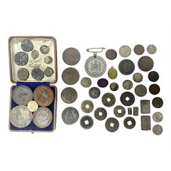 Coins, tokens, paranumismatic and miscellaneous items, including United States of America 1850 one cent, 1877 one dime, 1884 five cents, 1926 Liberty dime etc, Queen Victoria New Brunswick 1843 one penny token, East India Company 1845 half anna, Chinese cash coins, Grand Lodge of Maryland November 16th 1886 Centennial Session medallion etc