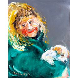 Sue Atkinson (British 1949-): Portrait of a Girl and Dog, oil on board signed 50cm x 39cm 