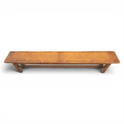 Country pine draw leaf table, bench seat and six chapel chairs, the top of plank construction, with two frieze drawers, additional leaves extending to 320cm, with bench seat and six elm chapel seats