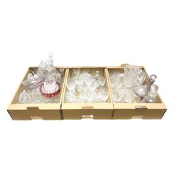 Three boxes of glassware to include four decanters with stoppers, flower frogs. tumblers, vase, bowl, other drinking glasses etc