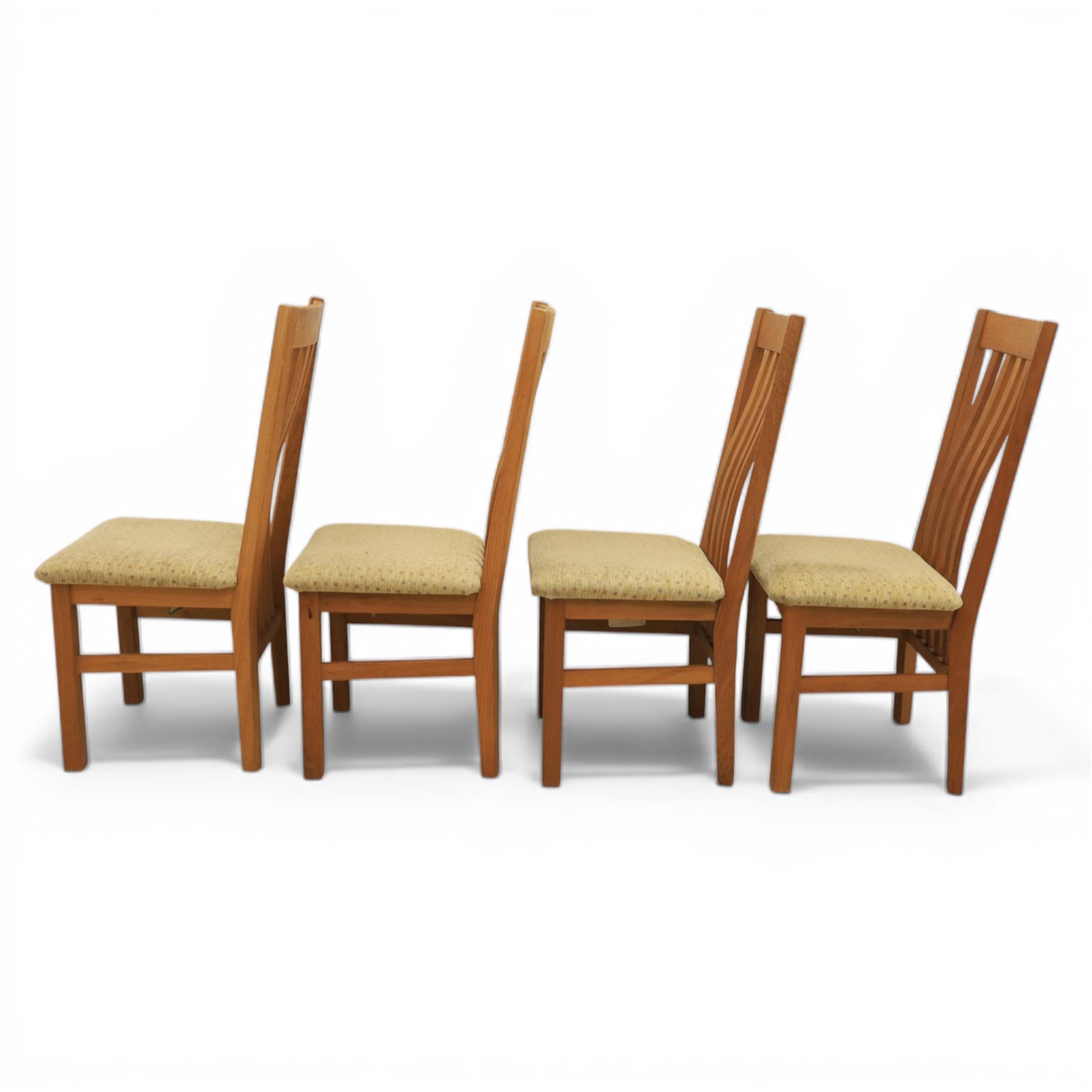 Contemporary square light oak extending dining table, and set of four chairs, table extends to 180cm