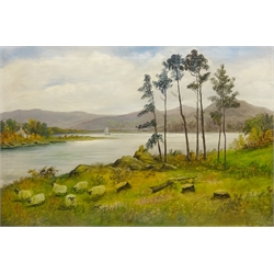 Highland Sheep Grazing next to a Loch and Mountainous Seascape, two early/mid 20th century oil on canvas signed with initials MR 61cm 92cm one unframed (2)  