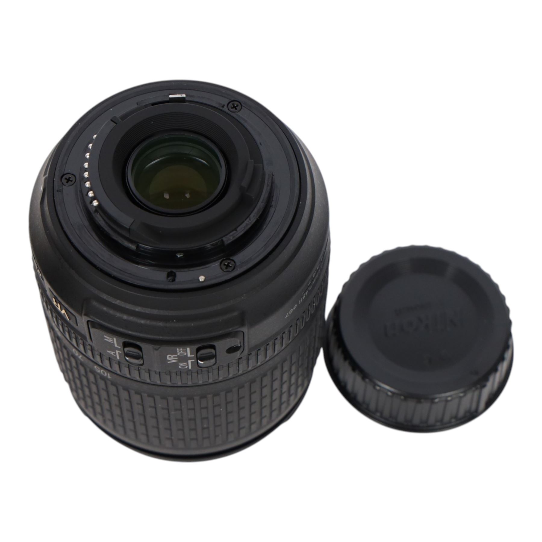 Nikon DX VR AF-S Nikkor 18-105mm 1:3.56.6G ED camera lens, serial no. 42718987, with both lens caps and soft pouch