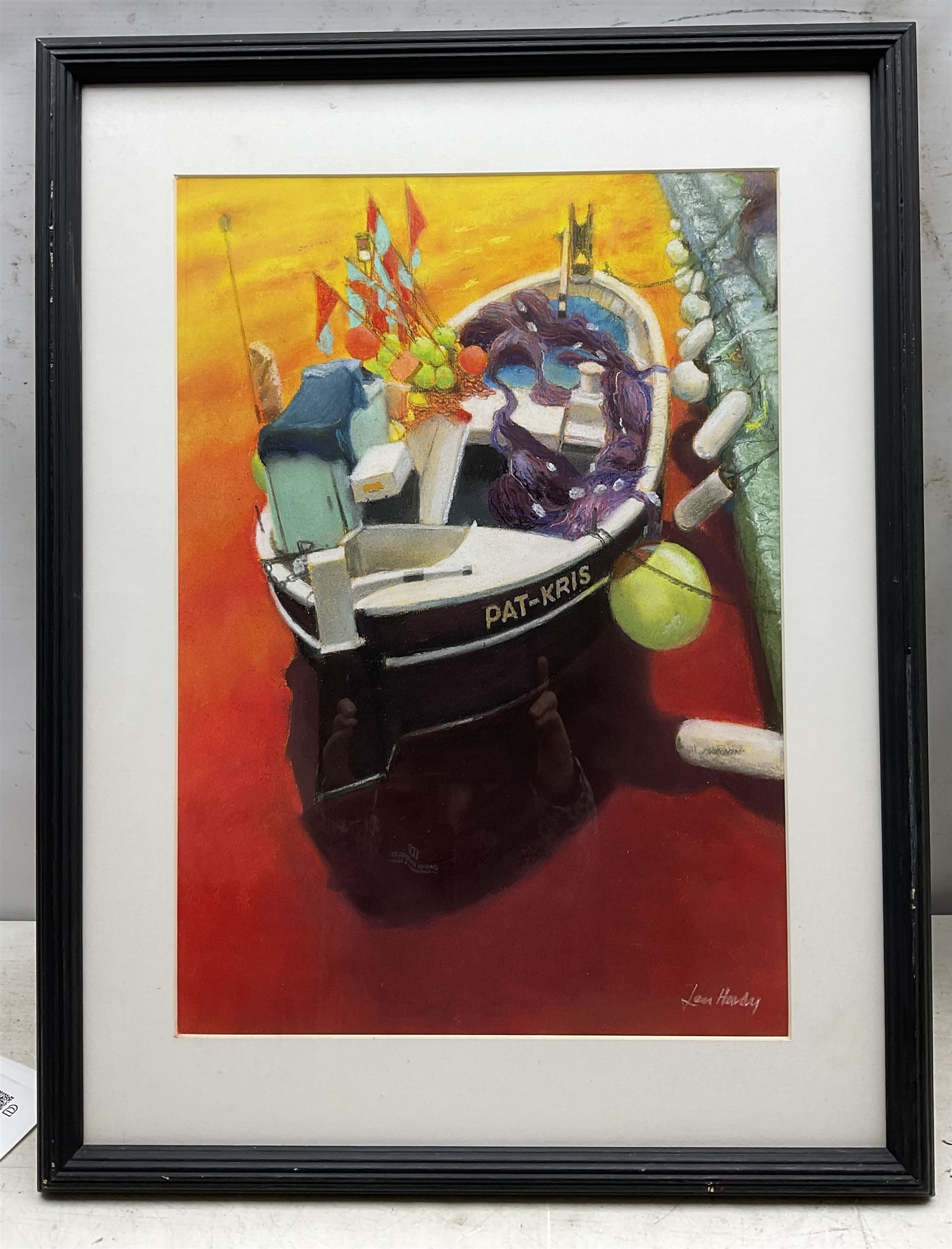 Leonard 'Len' Hardy (British 20th Century):Boats at Sunset and 'Flowers Cruise Ship Style', two pastels signed, one titled verso, max 67cm x 50cm (2)