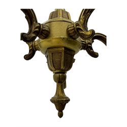 Collection of vintage and modern light fixtures, including copper pendant light, brass five-arm chandelier, hanging lantern and two small chandeliers with hanging faceted droplets (6)